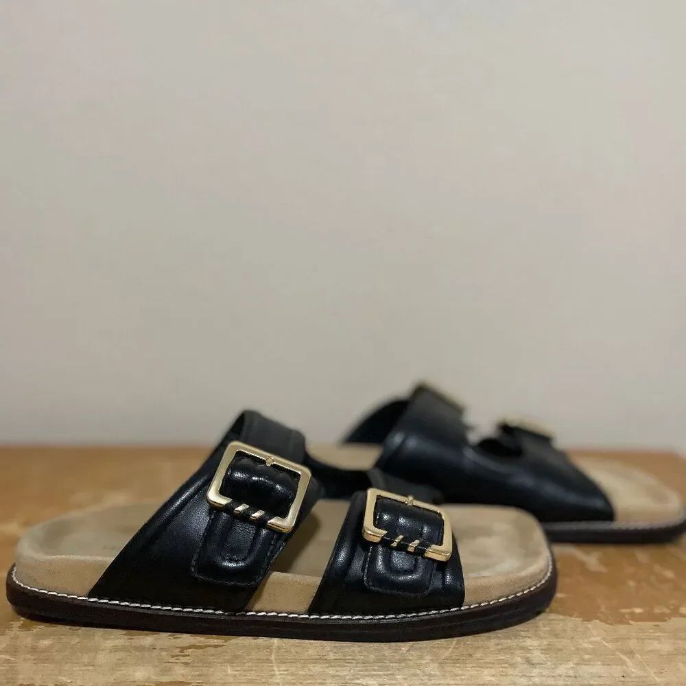 Free People FP Sage Square Toe Footbed Slides Black Leather Women's Sz 7.5